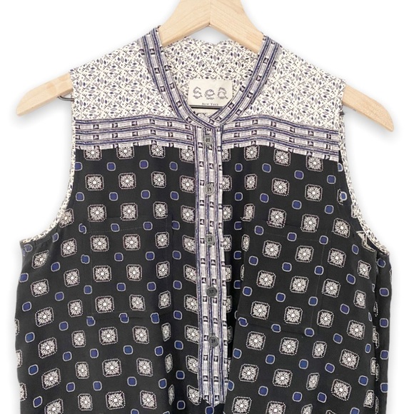 Sea New York 100% Silk Boho Geometric Navy Cream Sleeveless Romper Button Front - Picture 2 of 11